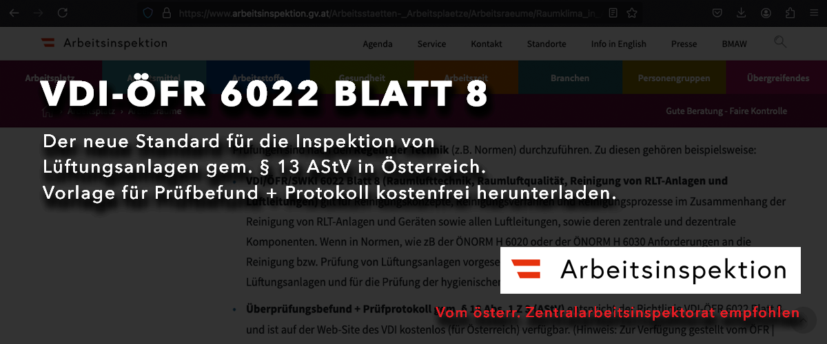 Zentralarbeitsinspektorat empfiehlt: Prüfung von Lüftungsanlagen gem. § 13 AStV nach VDI-ÖFR 6022 Blatt 8